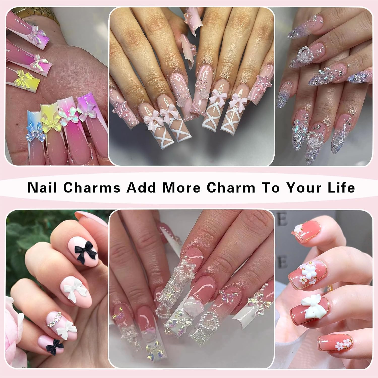 300Pcs Bow Nail Charms and Flatback Pearls,Black White Pink Bowknot 3D Cute Nail