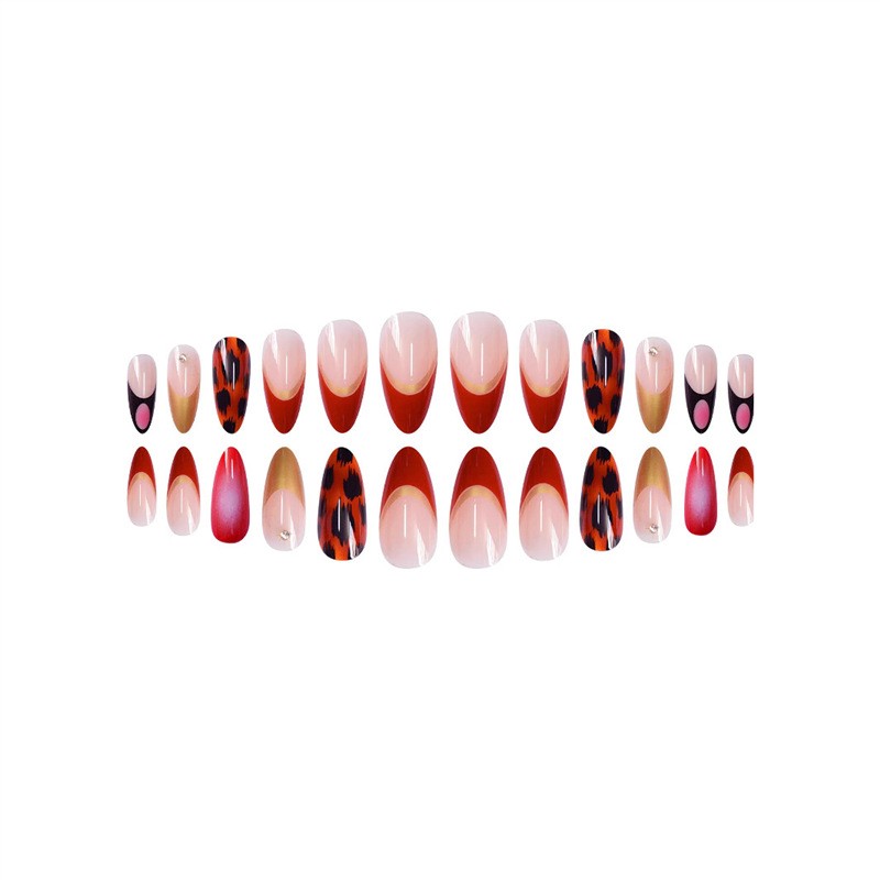 Leopard Print French Nails Patch Red Black Contrast Long Stylish Tips