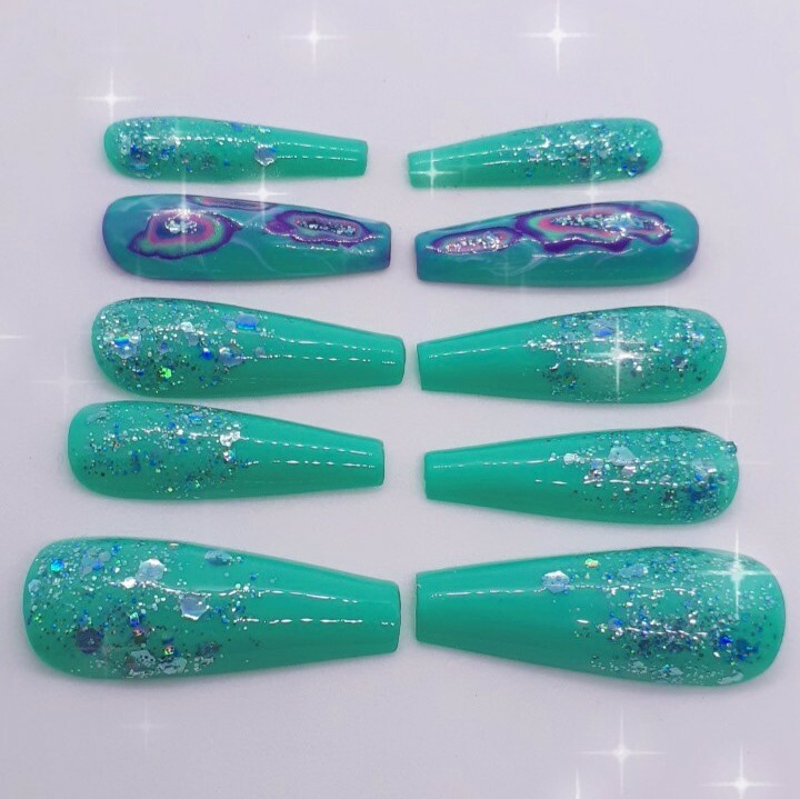 Purple Glitter Turquoise Teal Spring Wedding Prom Geology Nails- clearance