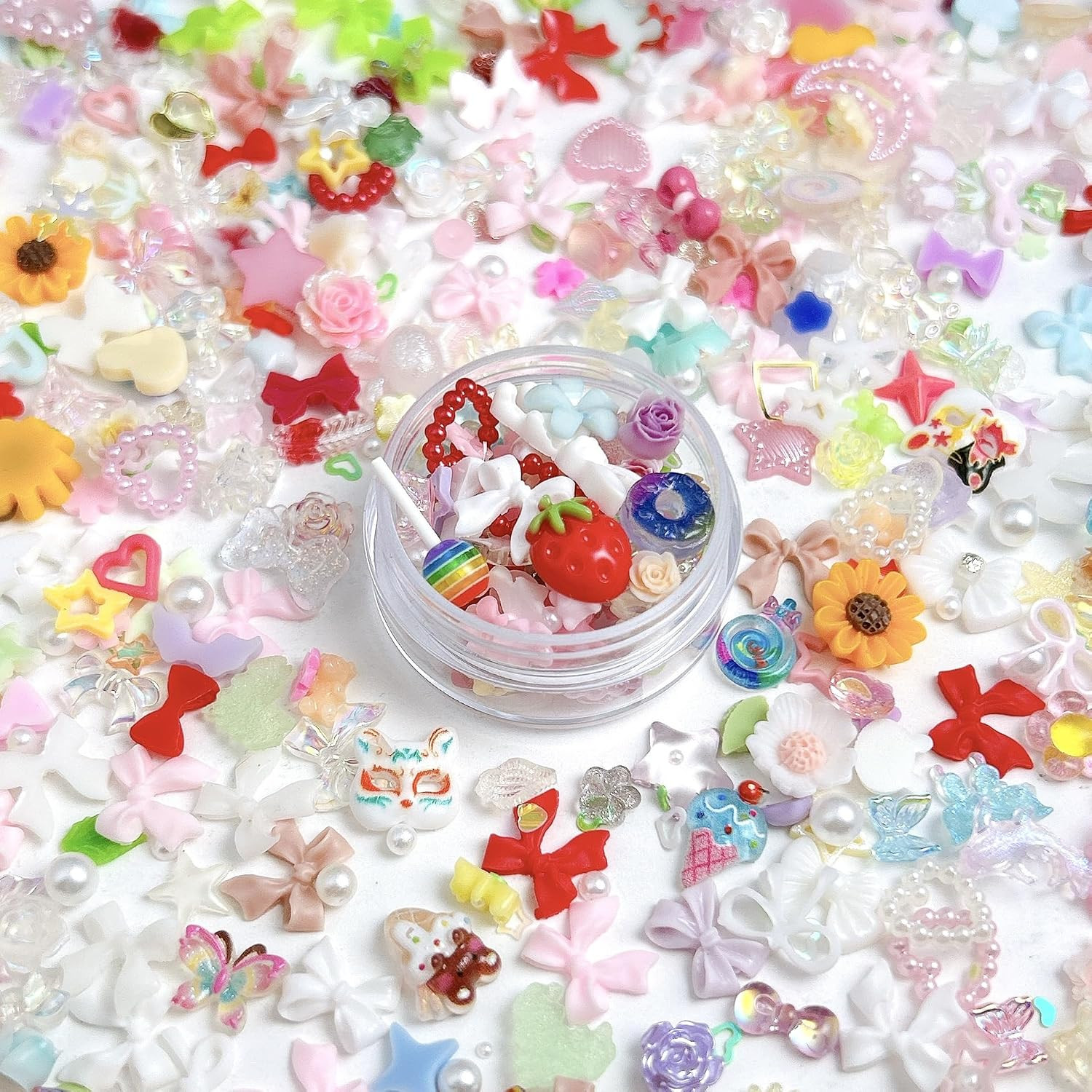 200Pcs Pink Red Nail Charms Kit 3D Flower Bow Heart Flatback Pearls Mixed Shape