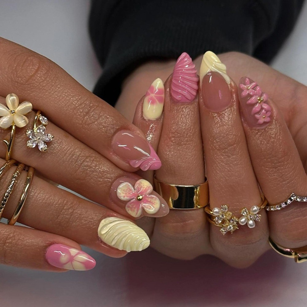 Square Shape Spring Bloom High-Quality Nail Art, 24pcs, Detachable