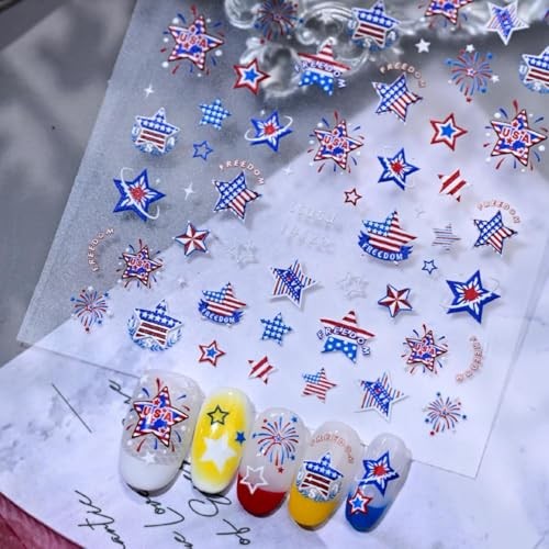 4th of July Nail Stickers 5D Embossed Star Decals Red White Blue Pattern27