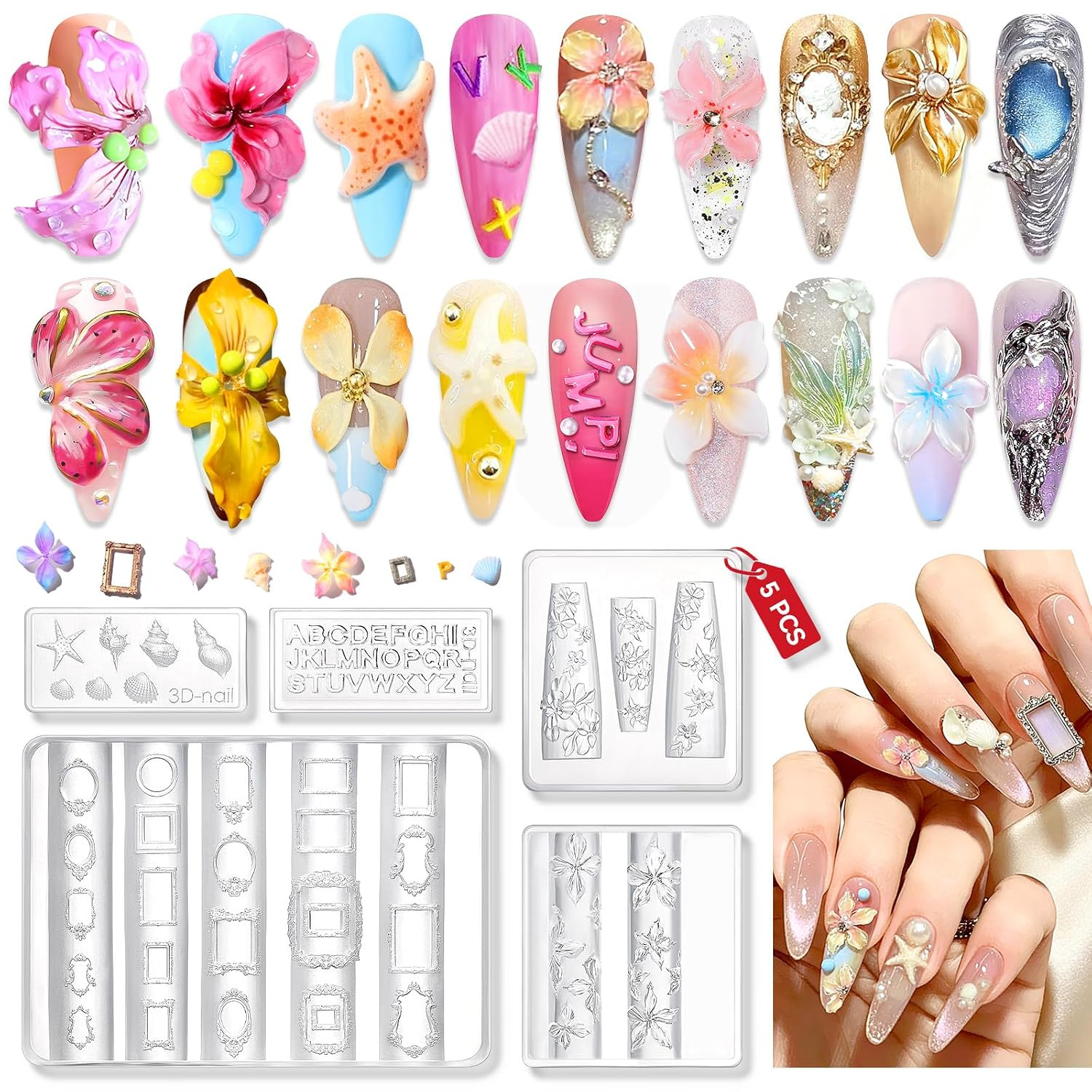 Reusable 3D Silicone Nail Art Molds Set, 5PCS | Instant Designs in 3 Minutes, No