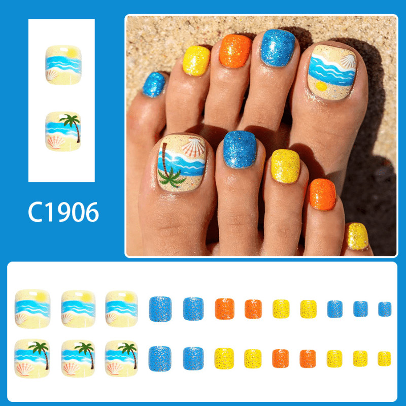 48P Short Square Tropical Palm Tree Press on Toe Nails Glitter Summer Beach Wear
