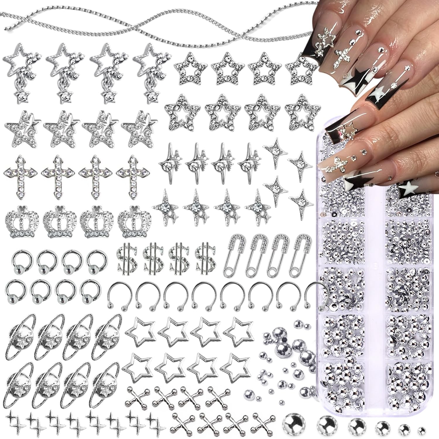 92pcs Star Nail Charms, 1 Box Silver Nail Pearls for Crafting Flat Back, Y2K …