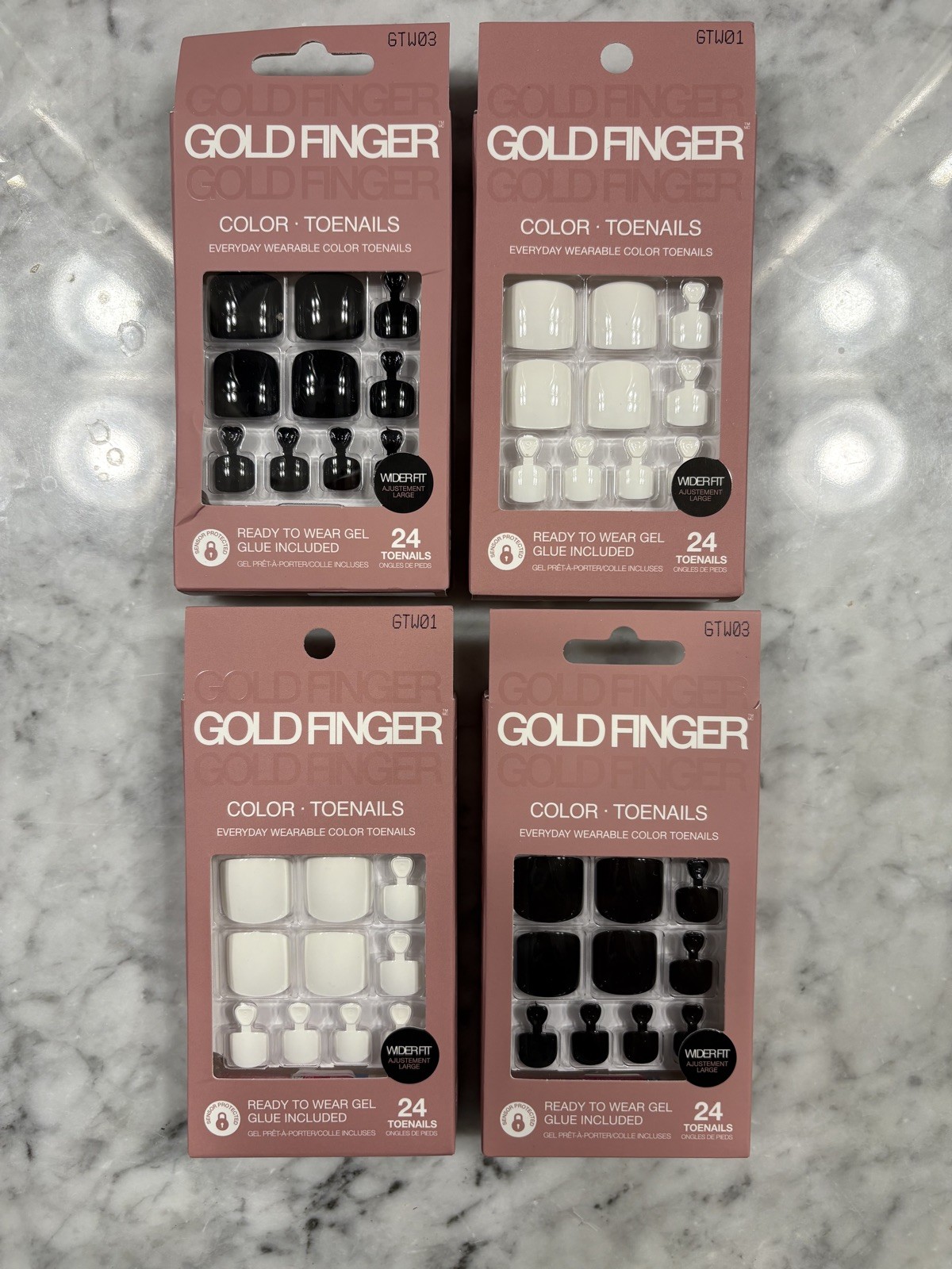 4 Pack Gold Finger Color Toenails Set Black & White Gel Glue Pedicure