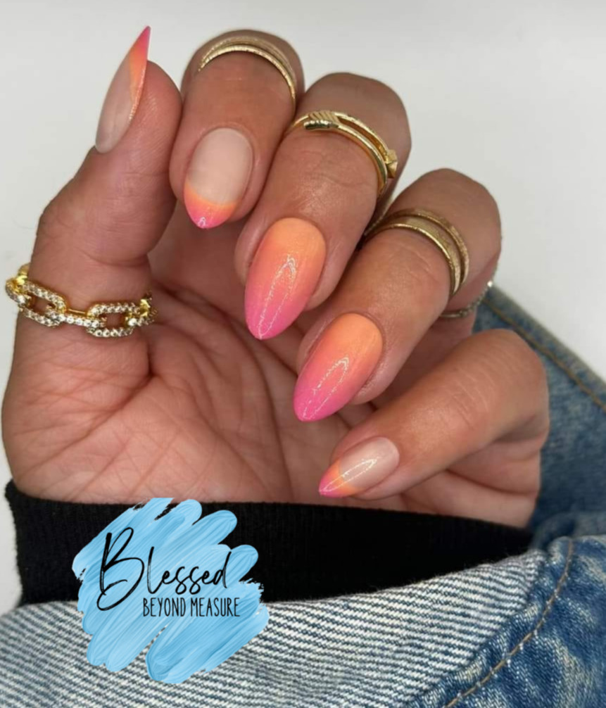 Red Aspen Press On Nails~Mana Wahine, Evalani ~Almond~Pink & Orange Ombre French