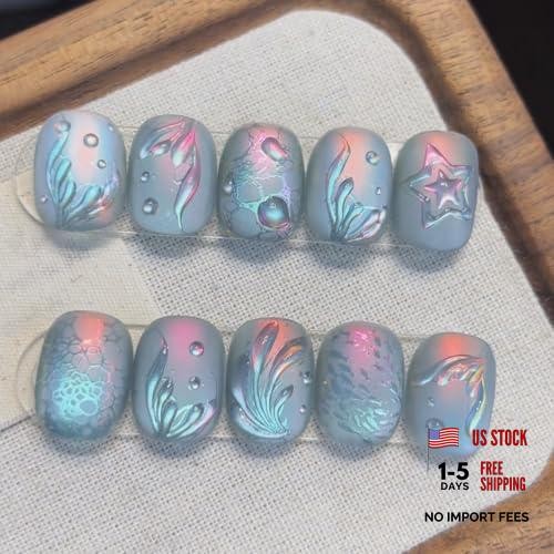 Summer Press on Nails – Short Square Fake Nails – Blue Chrome – Style 13