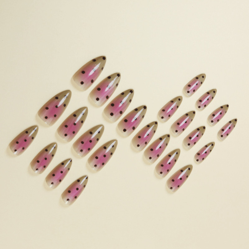 48 Pcs Pink Green Dot Gradient Almond Press on Nails, Bright Summer Fake Nails