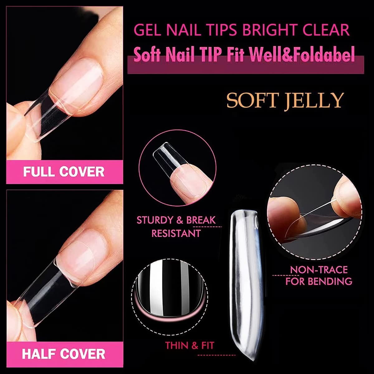 216pcs Medium Square Clear Gel Nail Tips – Perfect for DIY Nail Art & Extensions