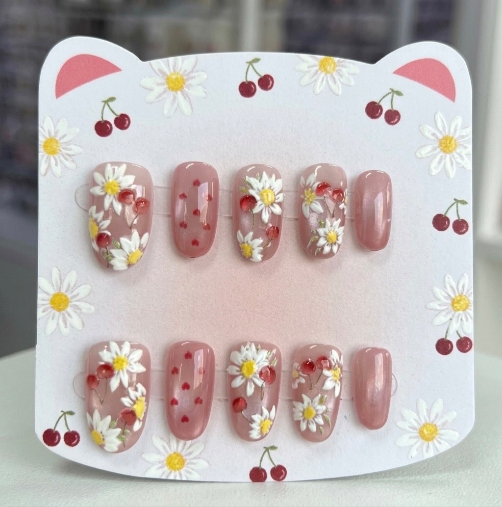 Floral Pink Press On Nails | 3D Fruit & White Flower Custom Gel False Nails