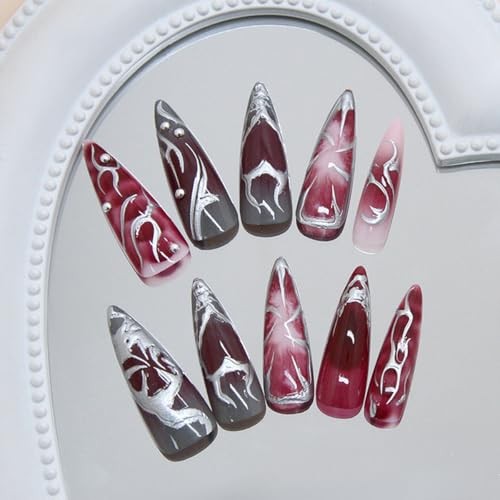 24Pcs Gothic Press on Nails Long Stiletto Fake Nails Punk Metal punk style