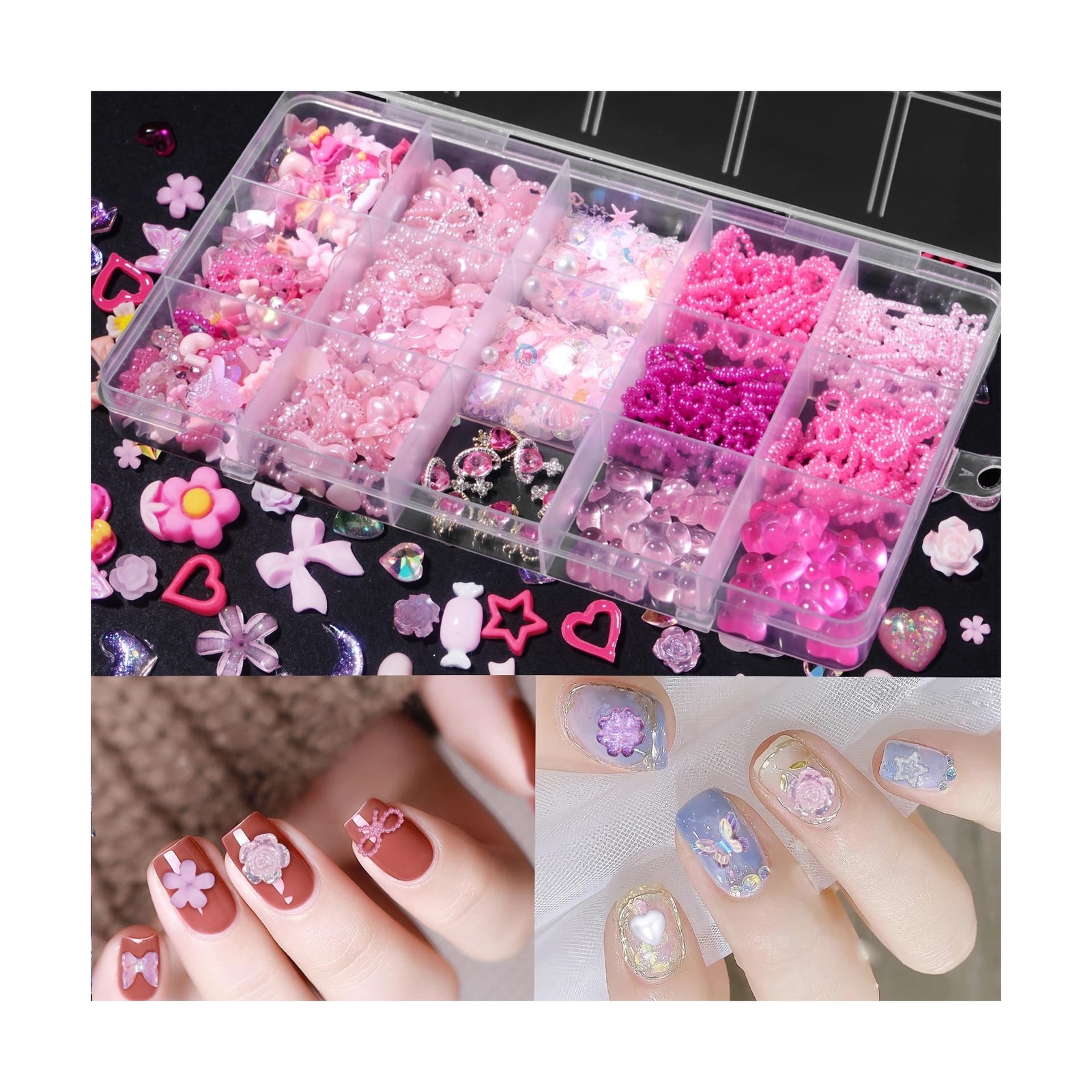 3D Pink Assorted Pearls Gems Nail Charms Heart Butterfly Bow Bear Nail Charms…