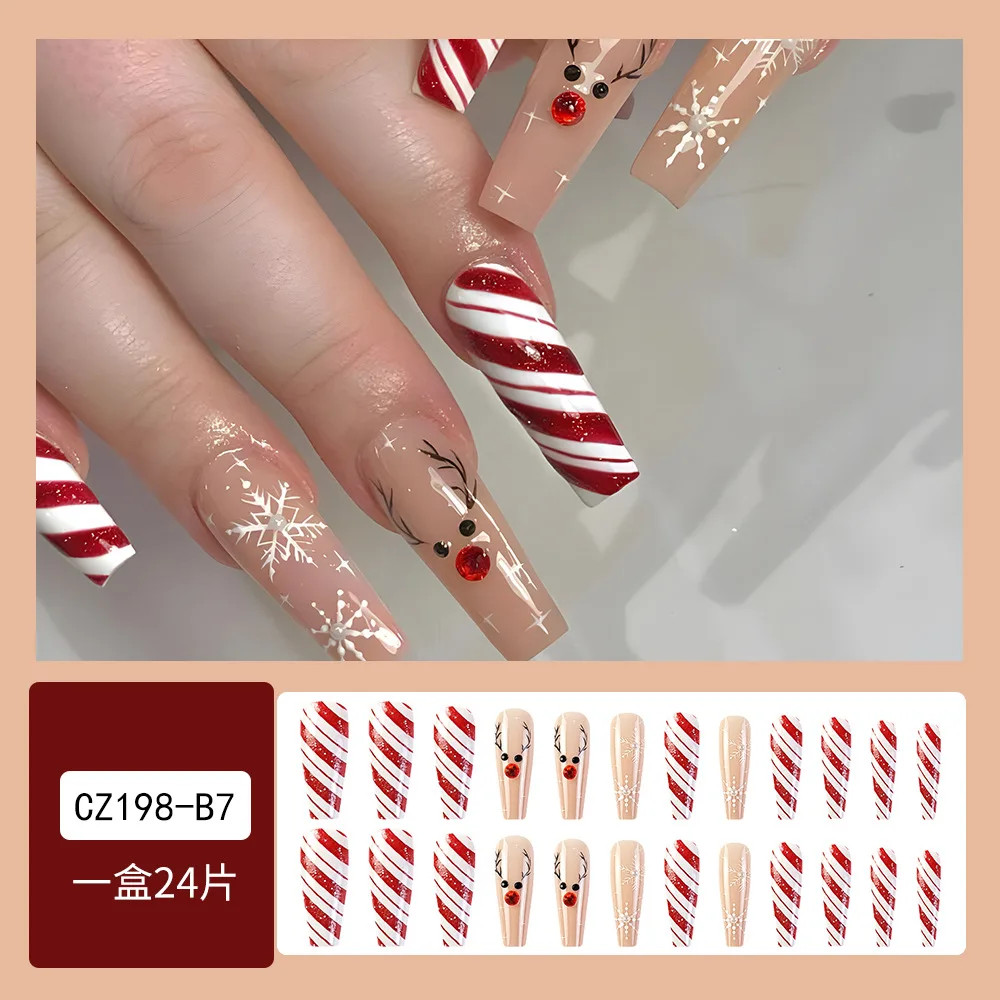 2026 Christmas Red Snow Deer Long Press On Nails