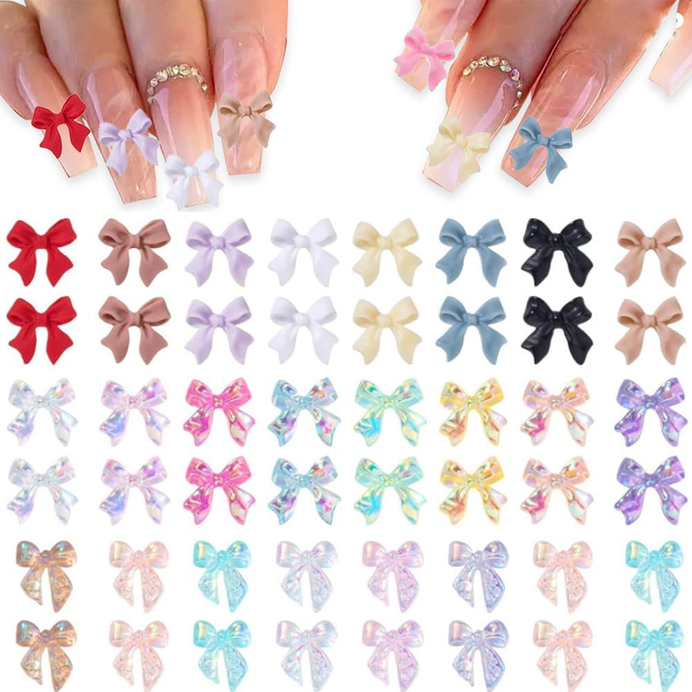 Aurora 100 Pcs Bow Nail Charm Set – Cute Butterfly, Pearl Resin, 3D Bows, Colorf
