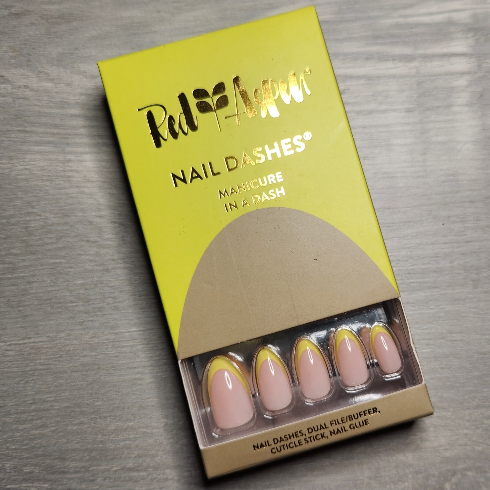 Press On Nails Beaming Yellow, Angela French Tip Christmas Dashes Red Aspen