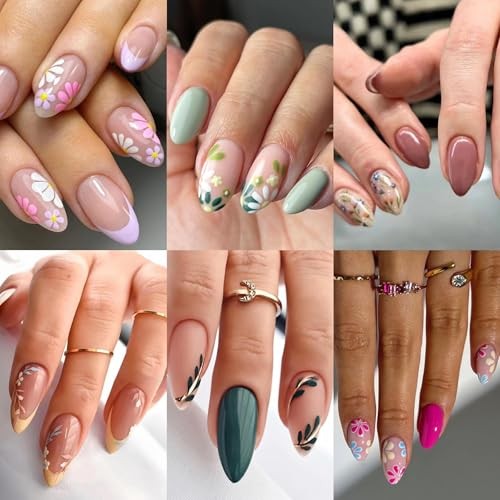 CTTHNBD SHOP Almond, Flower & Leaf Press On Nails – Short, Medium Sizes – 6