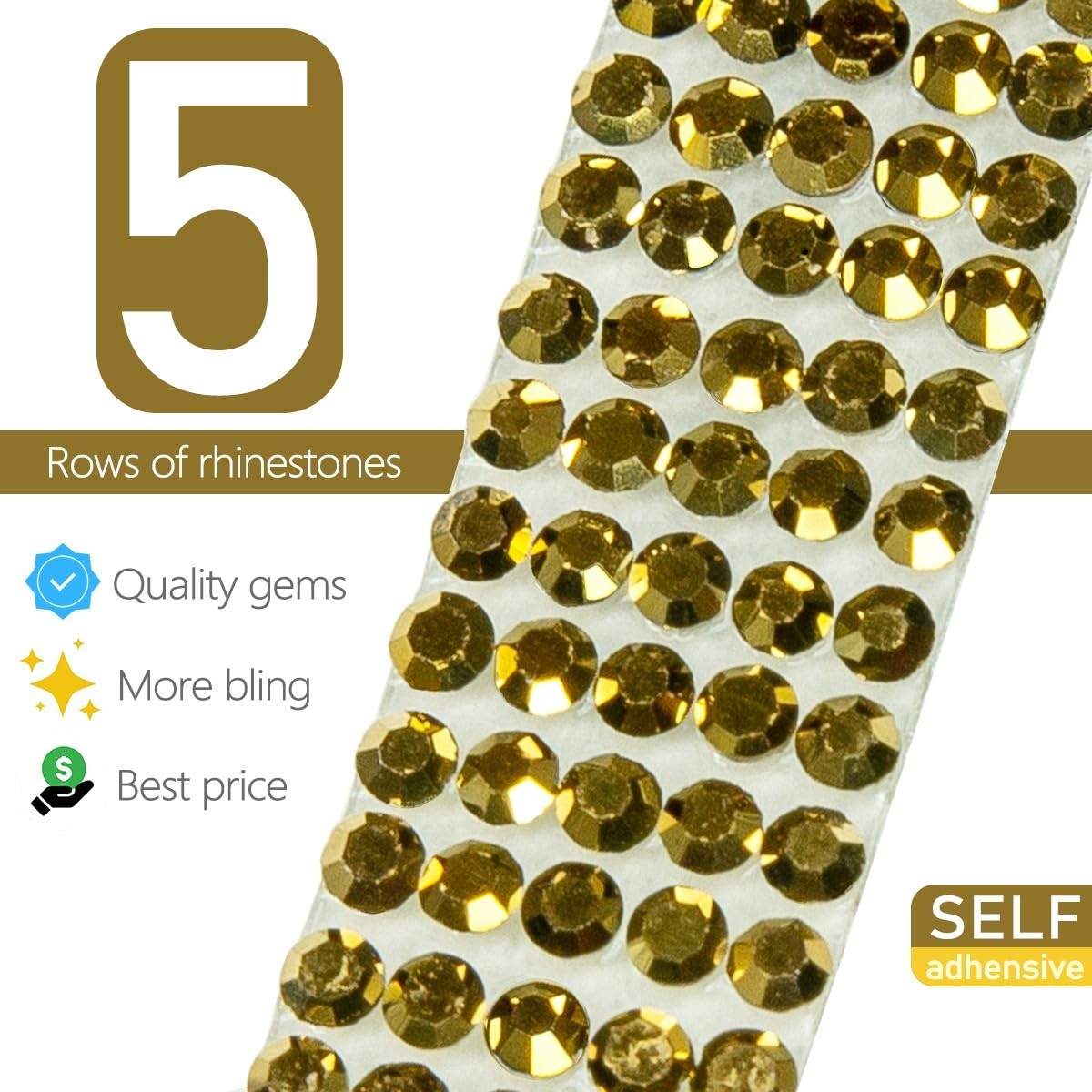 3 Yards Bronze Golden Self Adhesive Rhinestones Strips K9 Glass Metallic Gold…