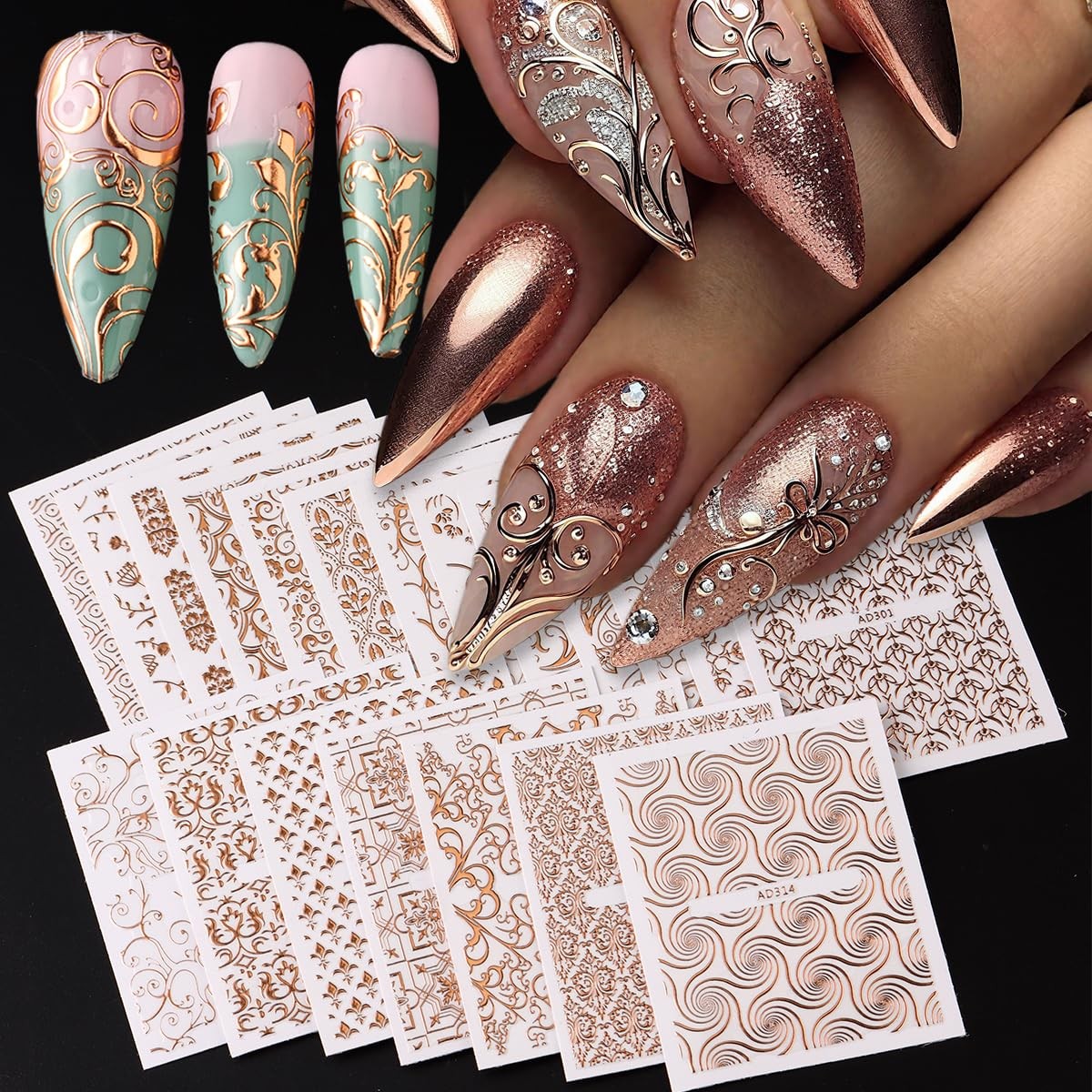 26 Sheets Rose Gold Nail Stickers Set, 3D Adhesive Nail Decals with Metal Geo…