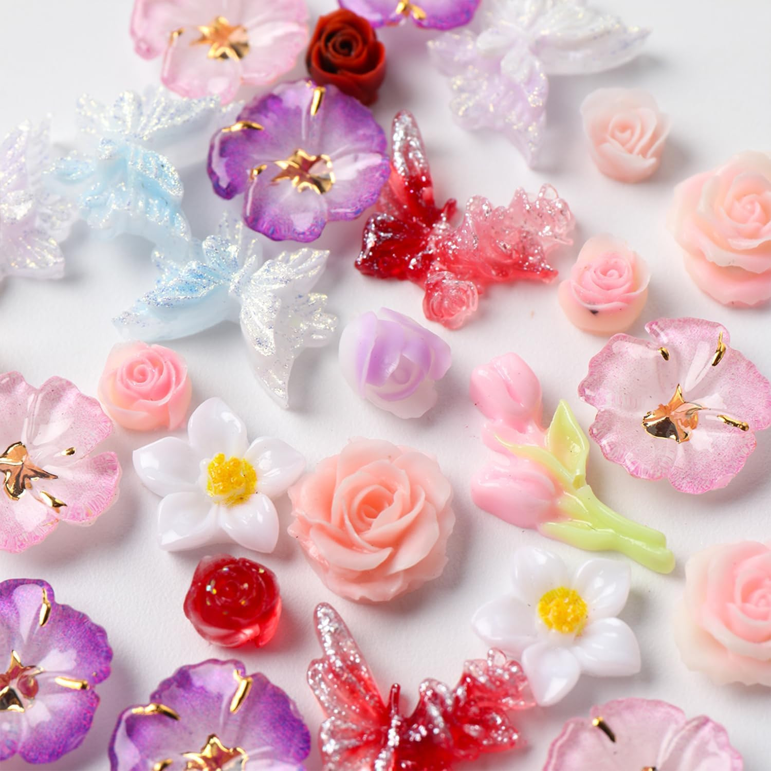 12 Grids Flowers Nail Charms Rose Tulip Floral Butterfly Designs | 3D Resin Mult