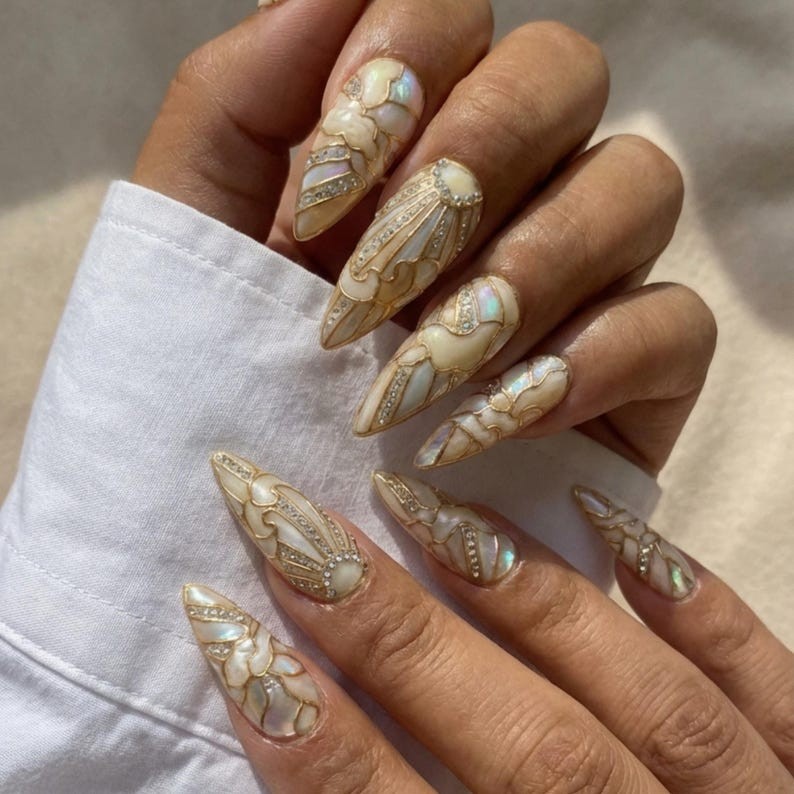 Hanmade Bridal Stained Glass Press On Nails 3D Gold Sun, Cloud Art