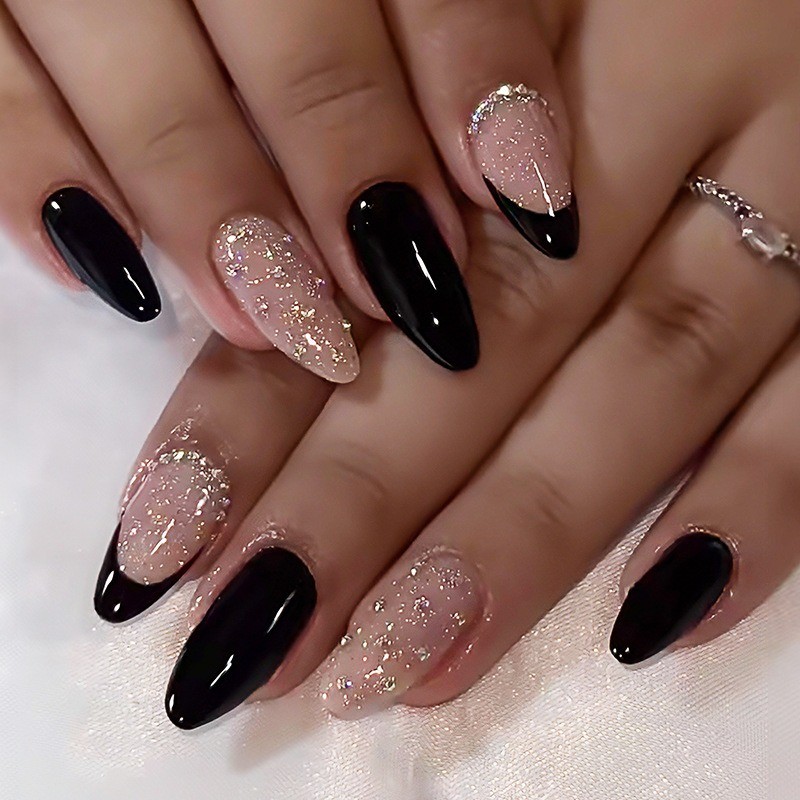 72Pcs-Medium Almond Press on Nails Black French Gold Glitter Nude Fake Nails