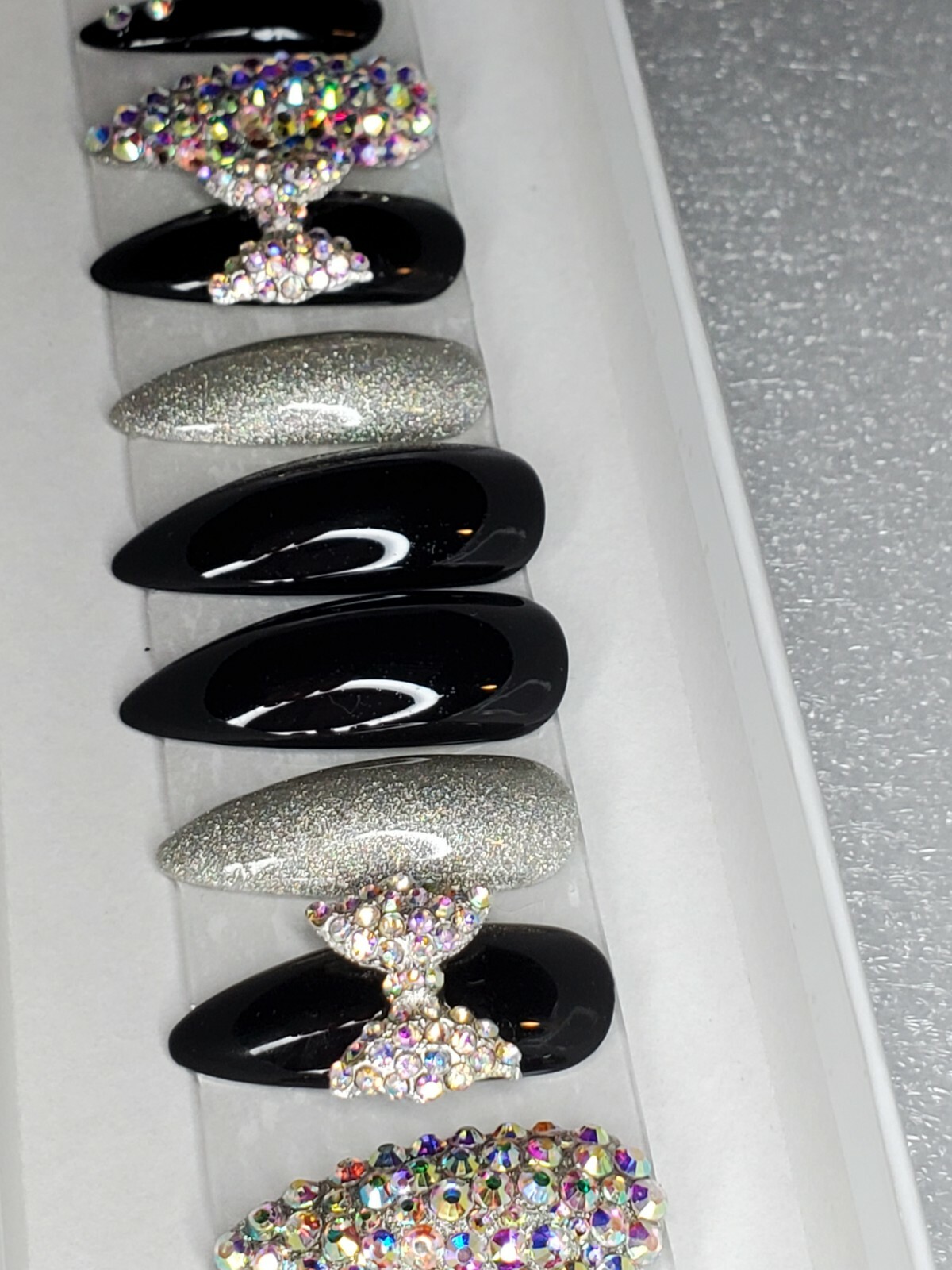 Black holographic glitter bling press on nails holo diamond crystal stiletto