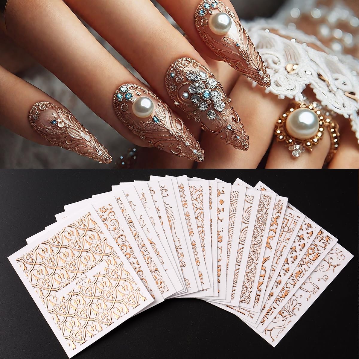 26 Sheets Rose Gold Nail Stickers Set, 3D Adhesive Nail Decals with Metal Geo…
