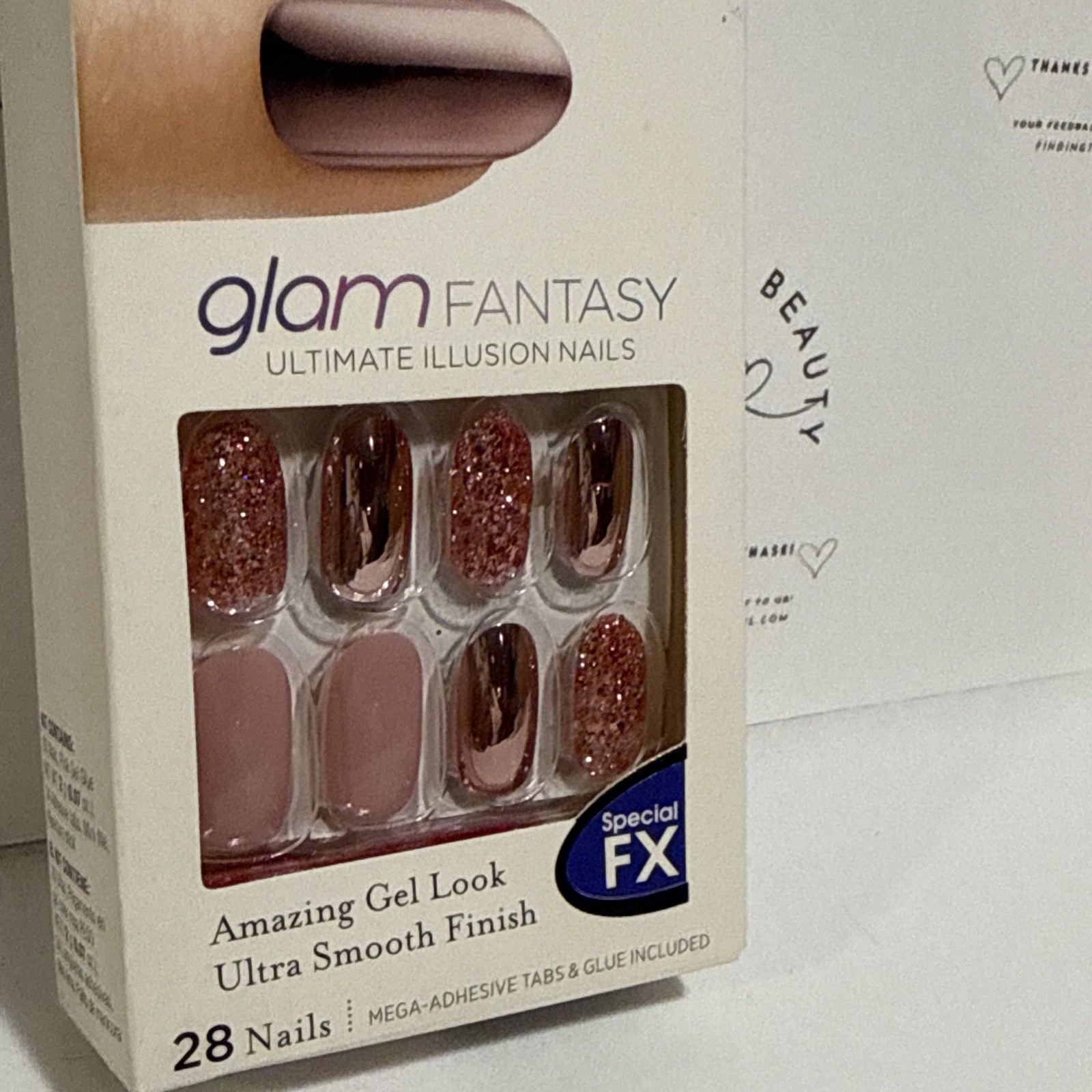 Kiss Glam Fantasy Pink with Chrome & glitter glue on Nails Medium