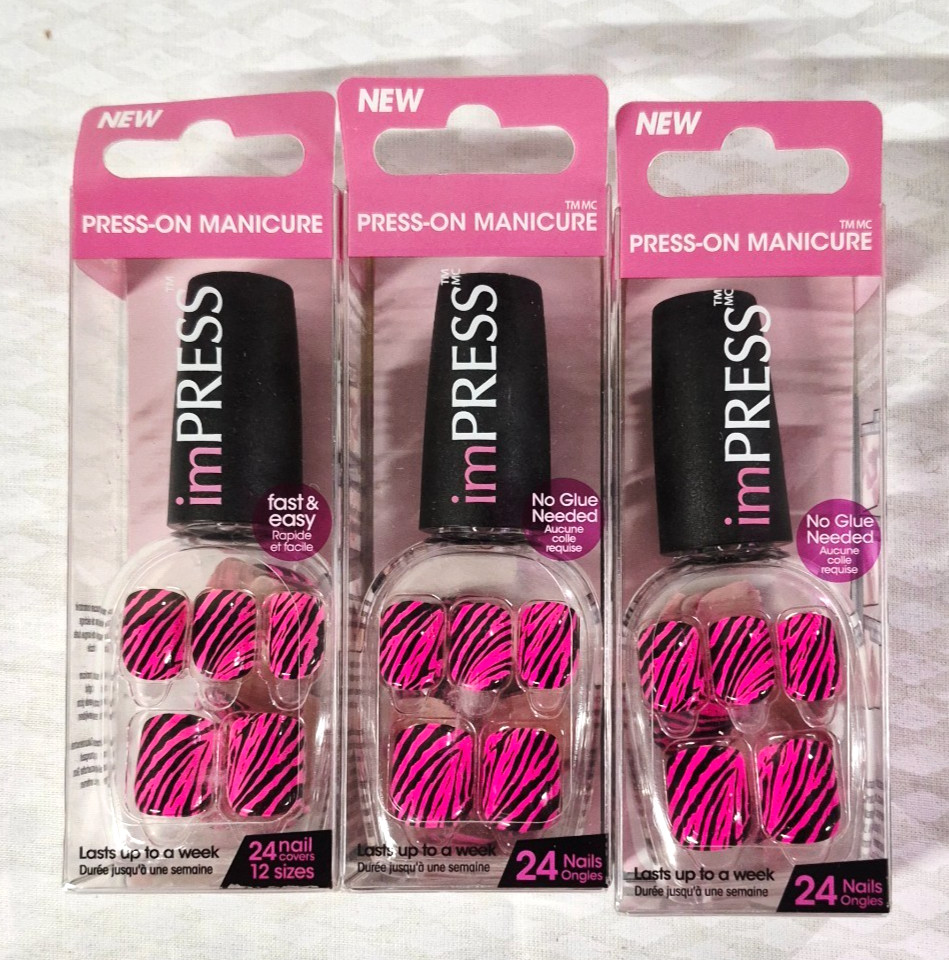 3 x Kiss imPRESS Press-On Mani Short Nails LIL DRUMR GIRL Bright Pink Bottle