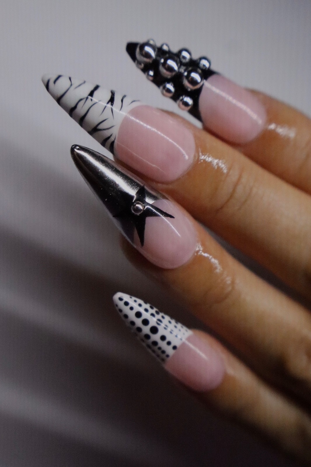 Handmade Press On Nails Black Silver White Stars Long Stiletto Reusable