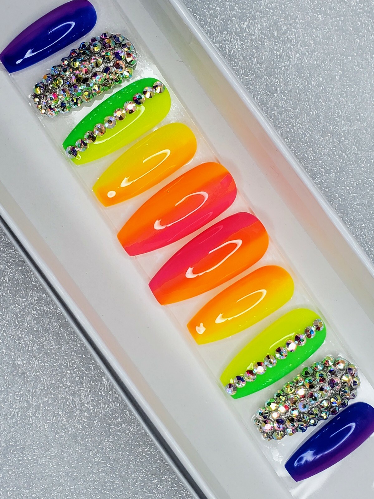 Neon Rainbow bling nails crystal pride set Press On nails diamond long coffin