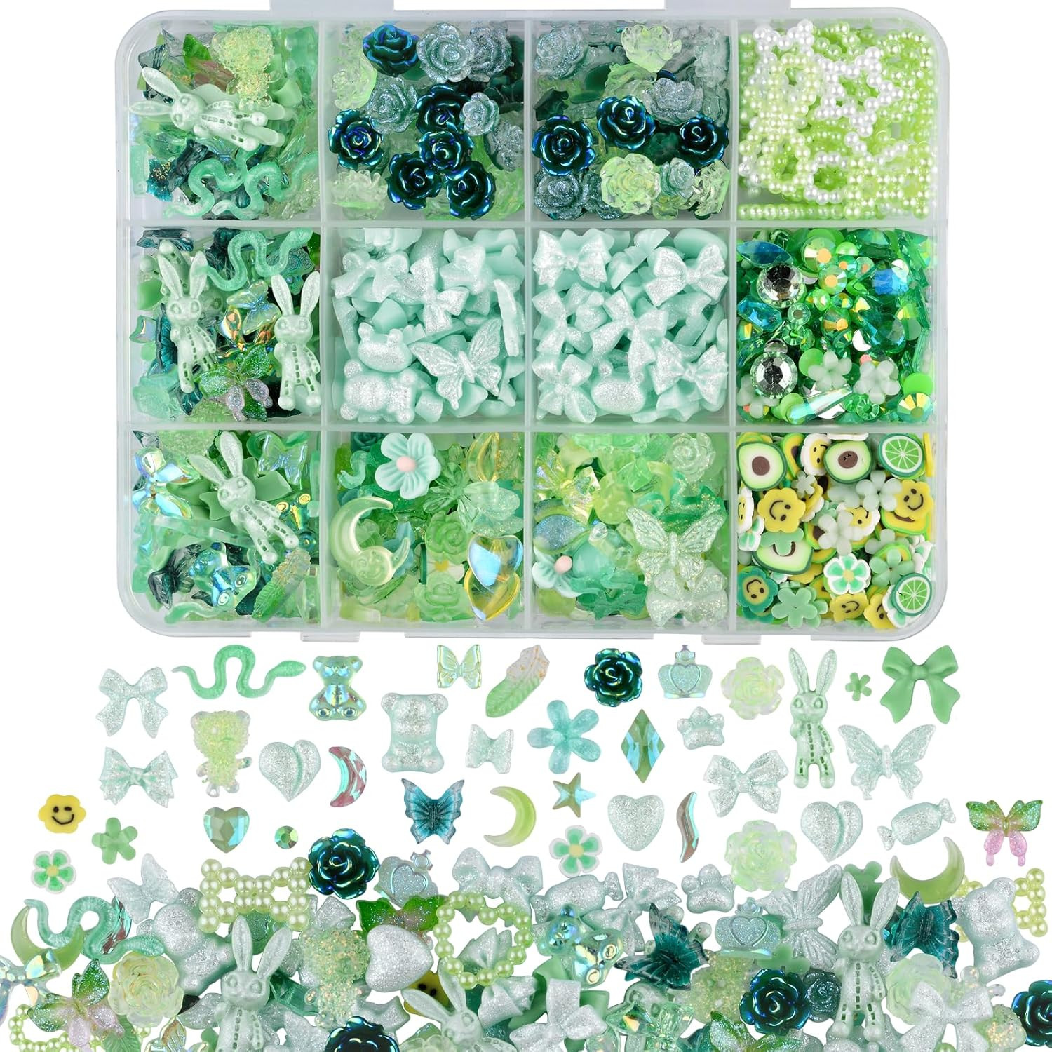 850 Pieces 3D Butterfly Rose Flower Bow Rabbit Bear Nail Charms Small, Green