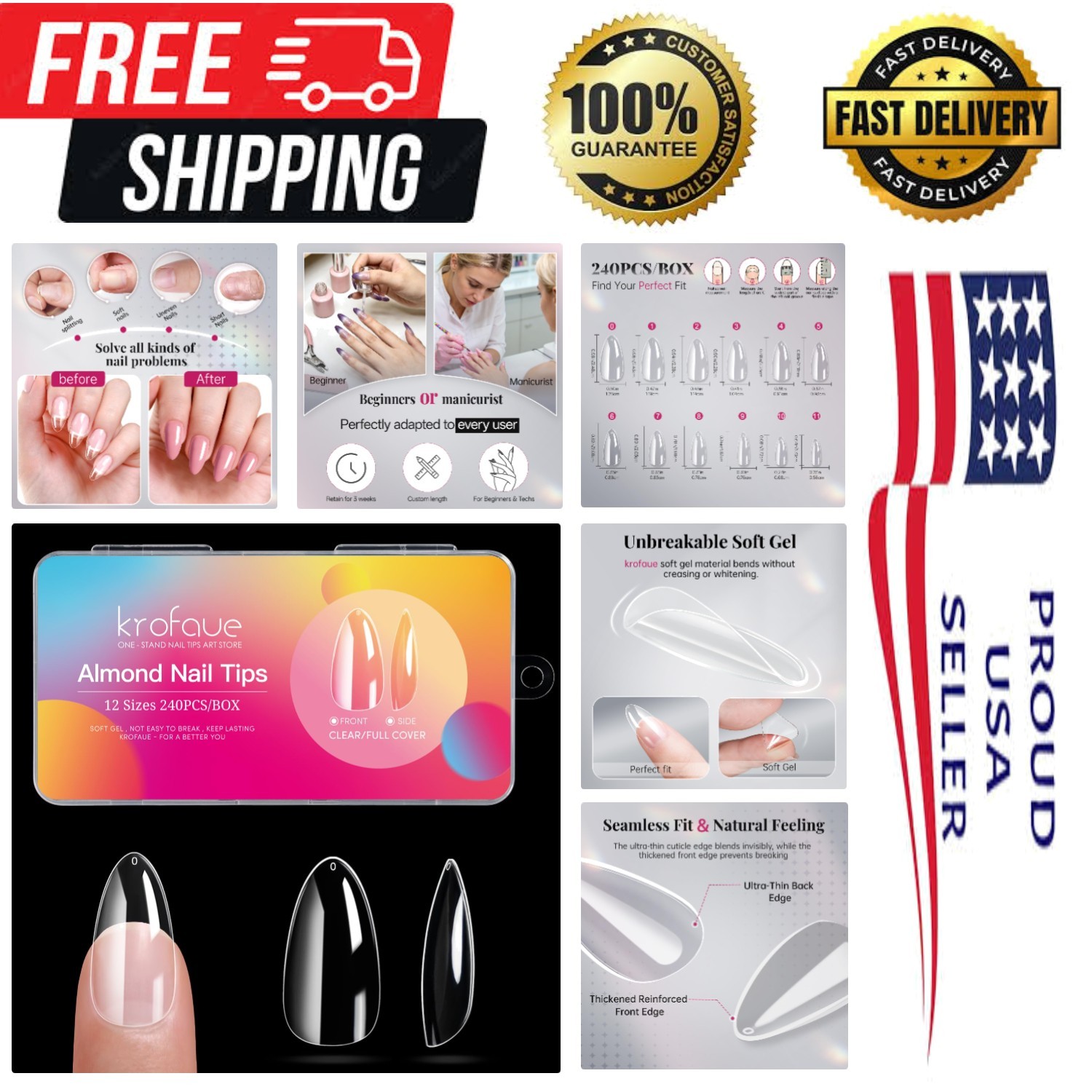 Almond Nails Tips 240Pcs 12 Sizes- Soft Gel Clear No Crease Pre-shape Oval Ar…