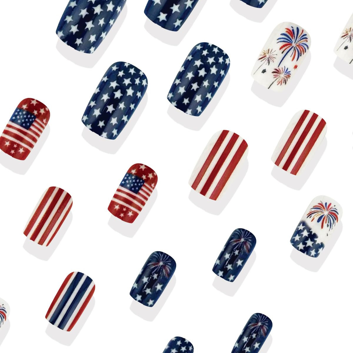 4Th of July Press on Nails Medium Square Fake Nails Independence Day French Tips