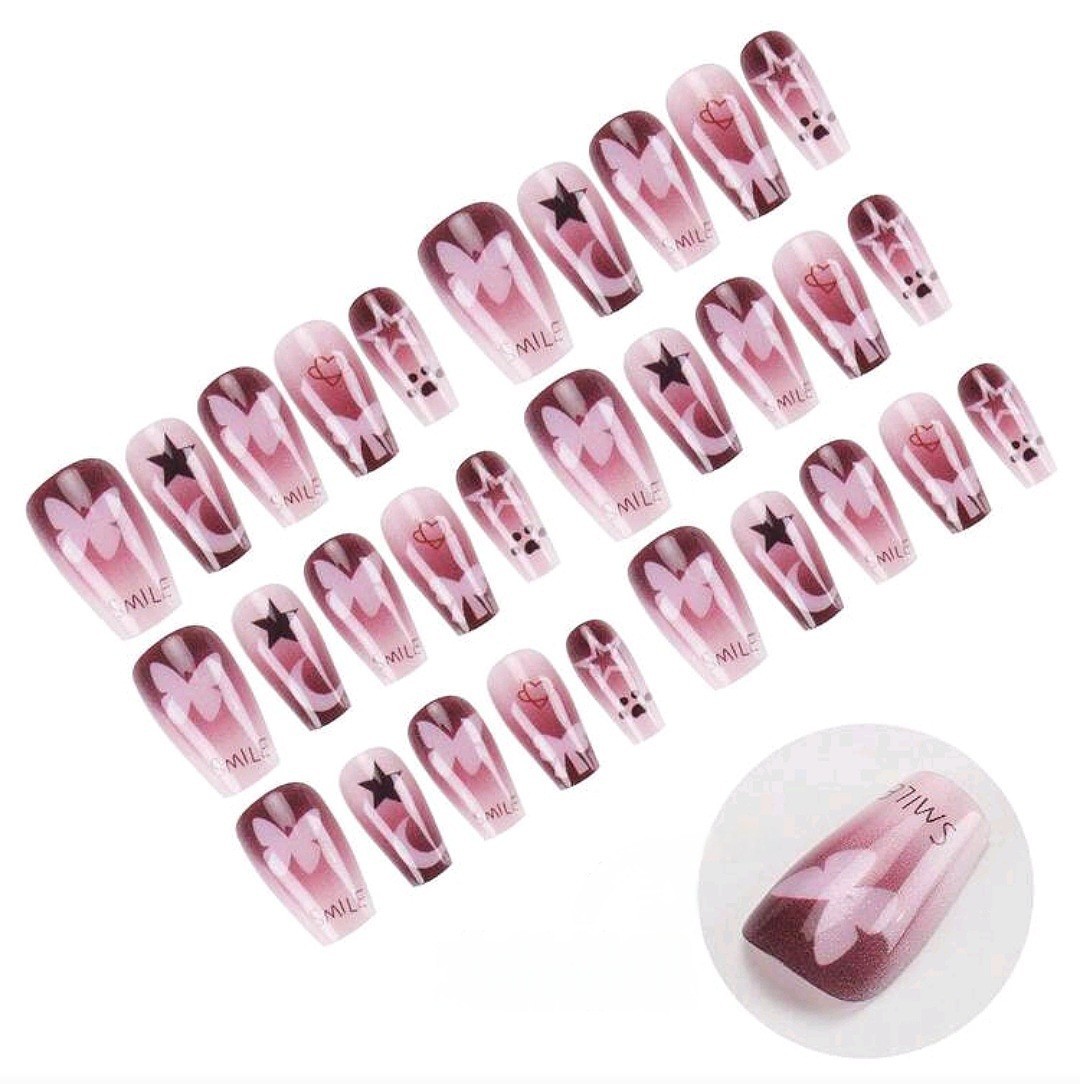 Press-On Nails Summer Light Pink Dark Pink Stars & Butterflies Medium *30 pcs*