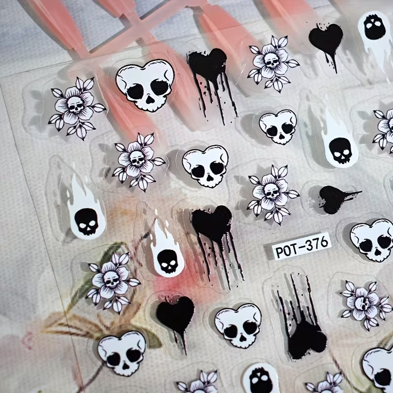 Gothic Heart Skull Nail Stickers Self Adhesive Decals Nail Art