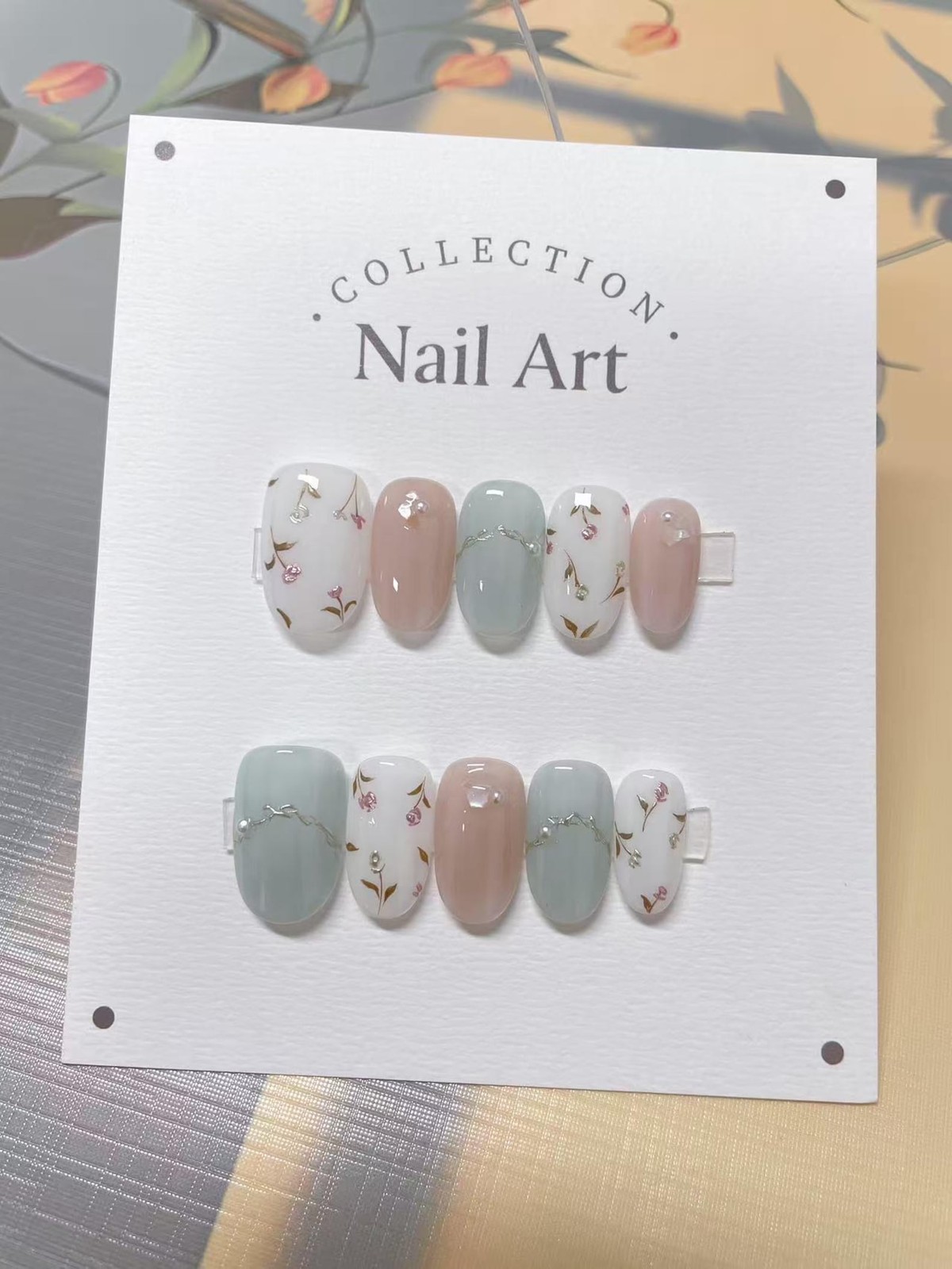 Handmade Pink Blue Tiny Floral Silver Chain Medium Almond Press on Nails Set