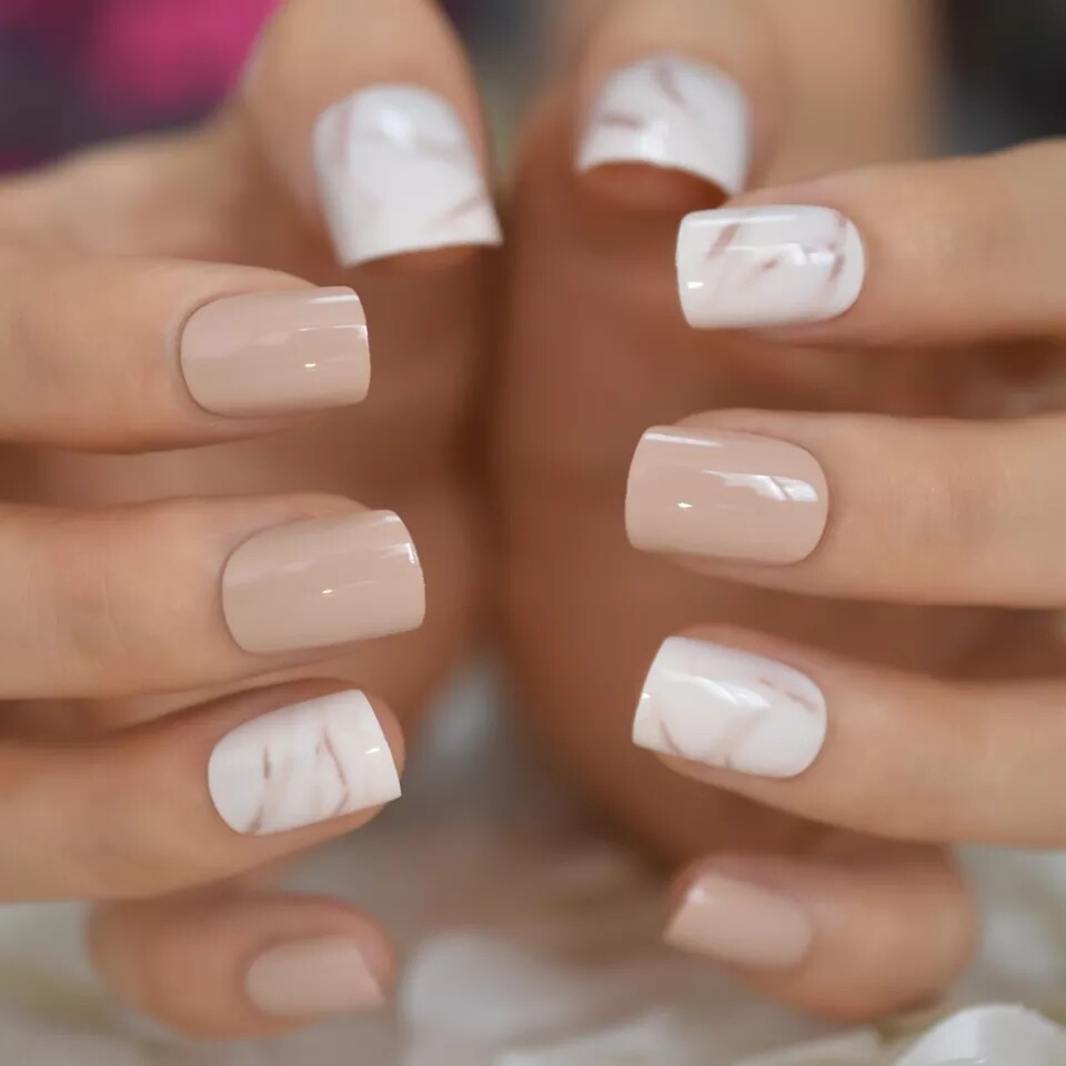 Cream Marble Short Press on nails with glue 24 nails beige camel nude white tan
