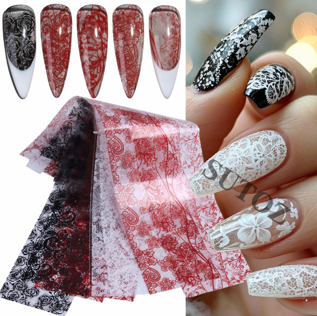 10Pcs Red Black White Flower Vine Lace Foils Nail Art Transfer Stickers SHK NH30