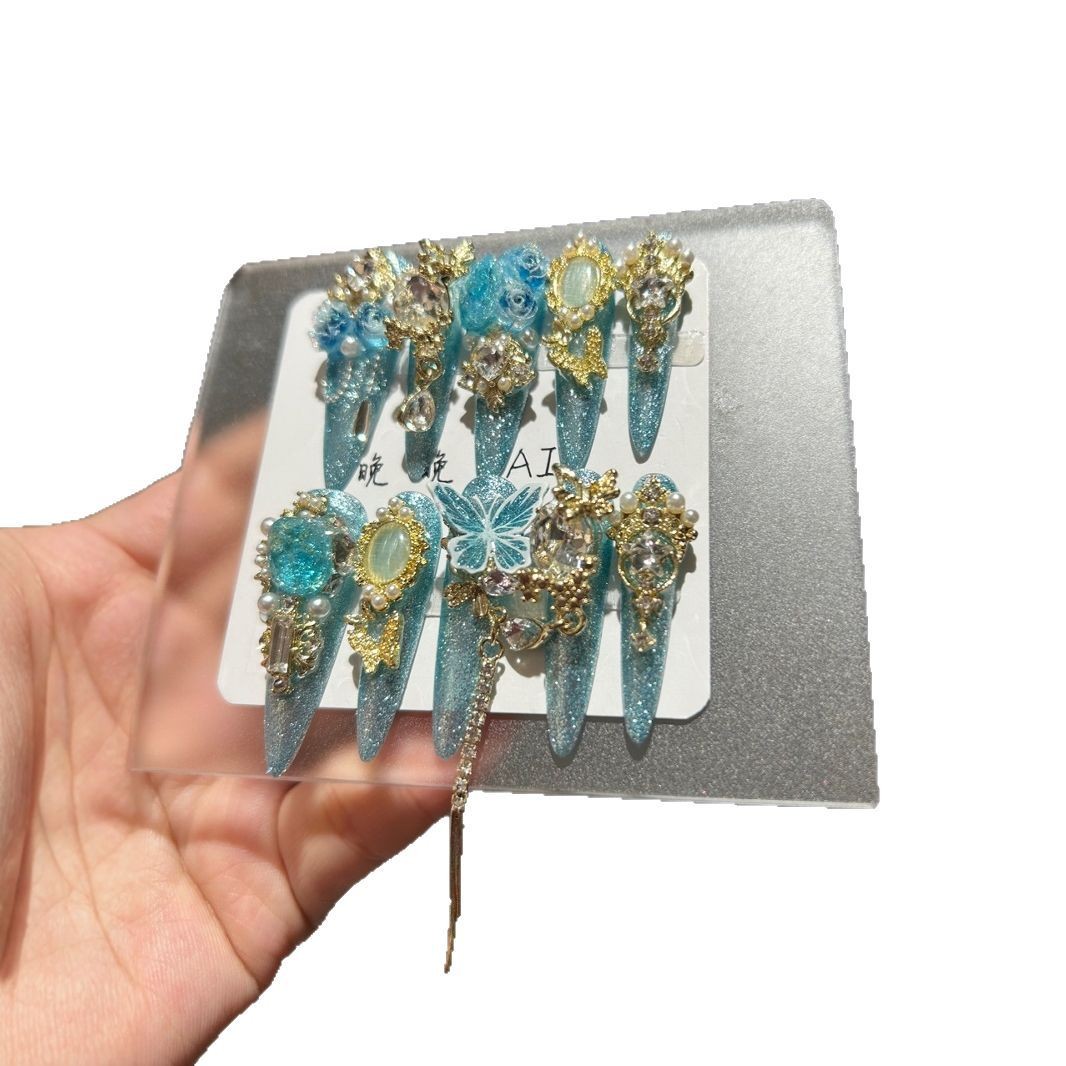 Blue Rose Luxury 3D Carved Cat Eye Press On Nails