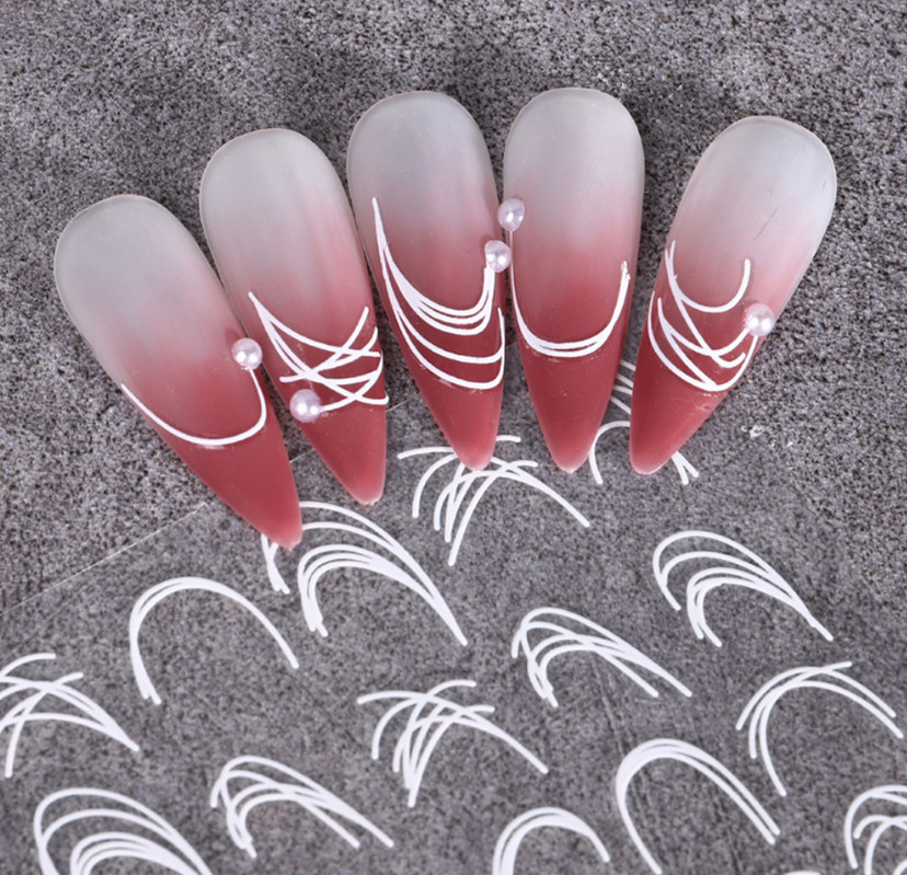 2Pcs Decoration 3D Silver White French Stripe Curve Line Tips Nail Stickers NH27