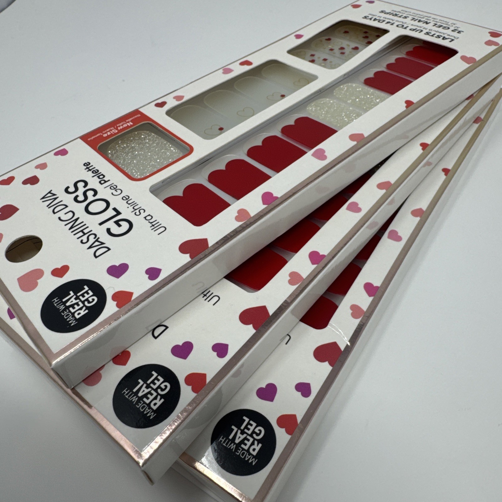 Dashing Diva Gloss Salon Gel Nail Strips 3 Pc Lot Hearts Red Glitter 32 Ct New