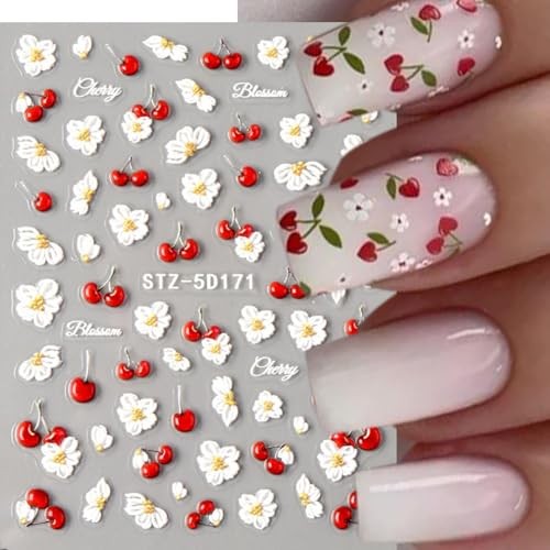 5D Nail Stickers Flower Cherry Nail Decals Embossed Self-Adhesive Cute Spring