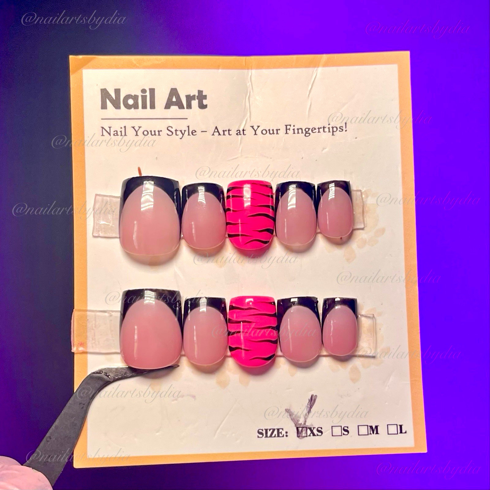 Authentic Nail Arts by Dia Square Press-On Nails Pink Black French Shiny XS