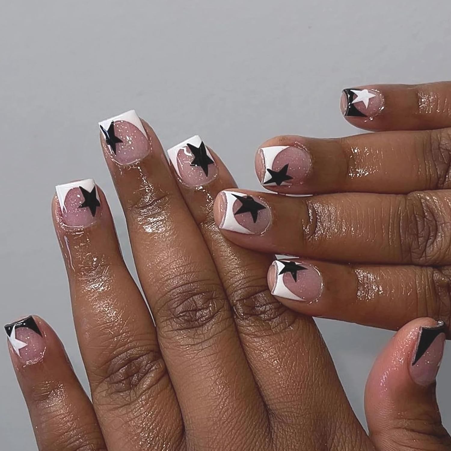 Square Press on Nails Short – White Black French Tip Fake Nails, Star Y2K Got…