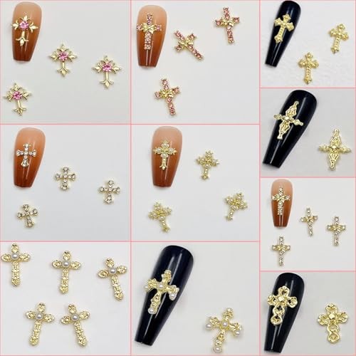100pcs Cross Nail Charms 16 Styles 3D Cross Nail Charms Crosses Mixed Gold
