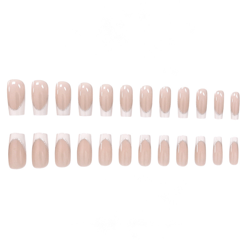 48pcs Short Taper Press on Nails, Nude White French Silver Glitter Casual Nails