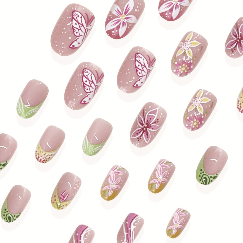 48pcs-Press on Nails Pink Green Nude Almond 3D Floral French Tip Spring Design