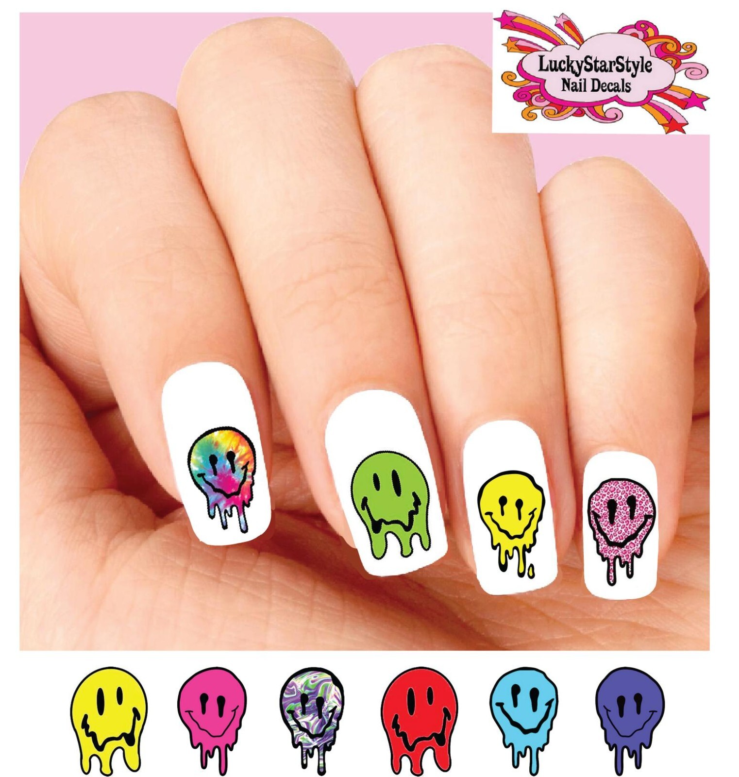 Waterslide Nail Decals Set of 20 – Smiley Face Melting Dripping Assorted